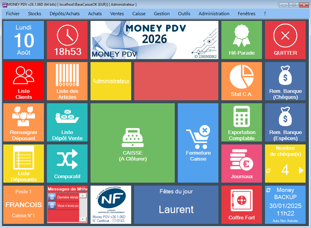 Écran d’accueil du logiciel MONEY PDV